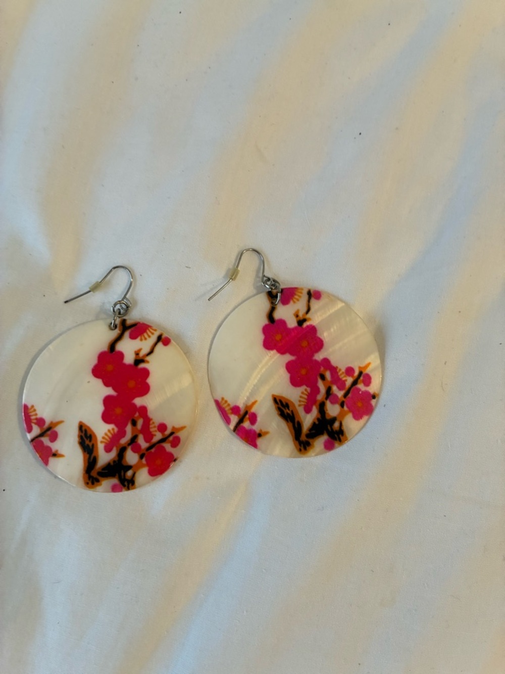 Round Floral Dangle Earrings - Pink on Pearlescent White